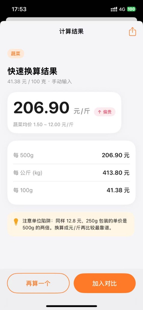 斤斤计较结果：206.90 元/斤，偏贵